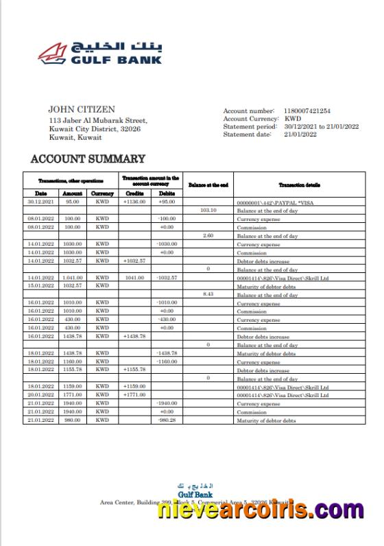 Kuwait Gulf Bank statement in Word and PDF format